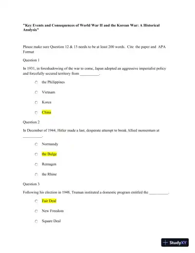 Key Events And Consequences Of World War II And The Korean War: A Historical Analysis - Page 1 preview image
