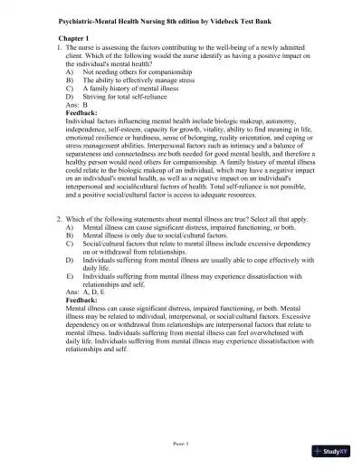 Test Bank for Psychiatric-Mental Health Nursing, 8th Edition (Chapters 1-24) - Page 1 preview image