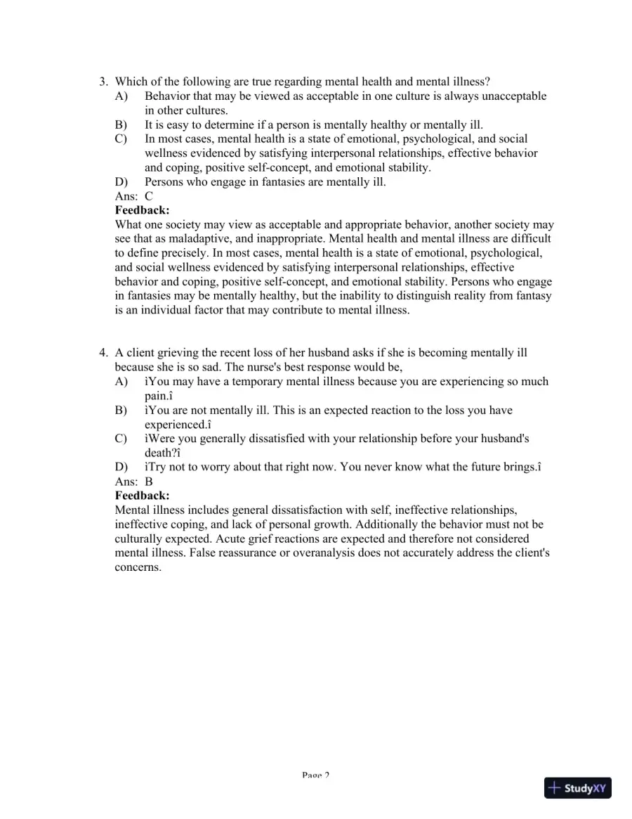 Test Bank for Psychiatric-Mental Health Nursing, 8th Edition (Chapters 1-24), page 3