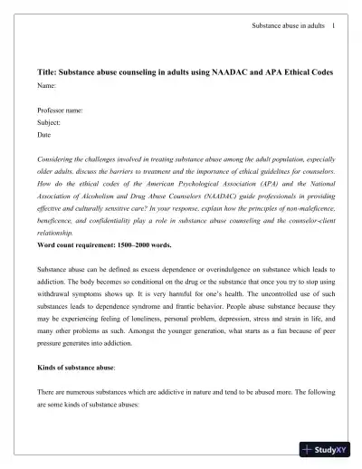 Substance Abuse Counseling In Adults Using NAADAC And APA Ethical Codes - Page 1 preview image