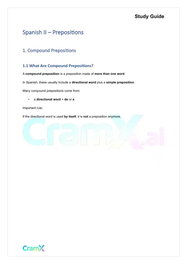 Spanish II - Prepositions - Page 1 preview image
