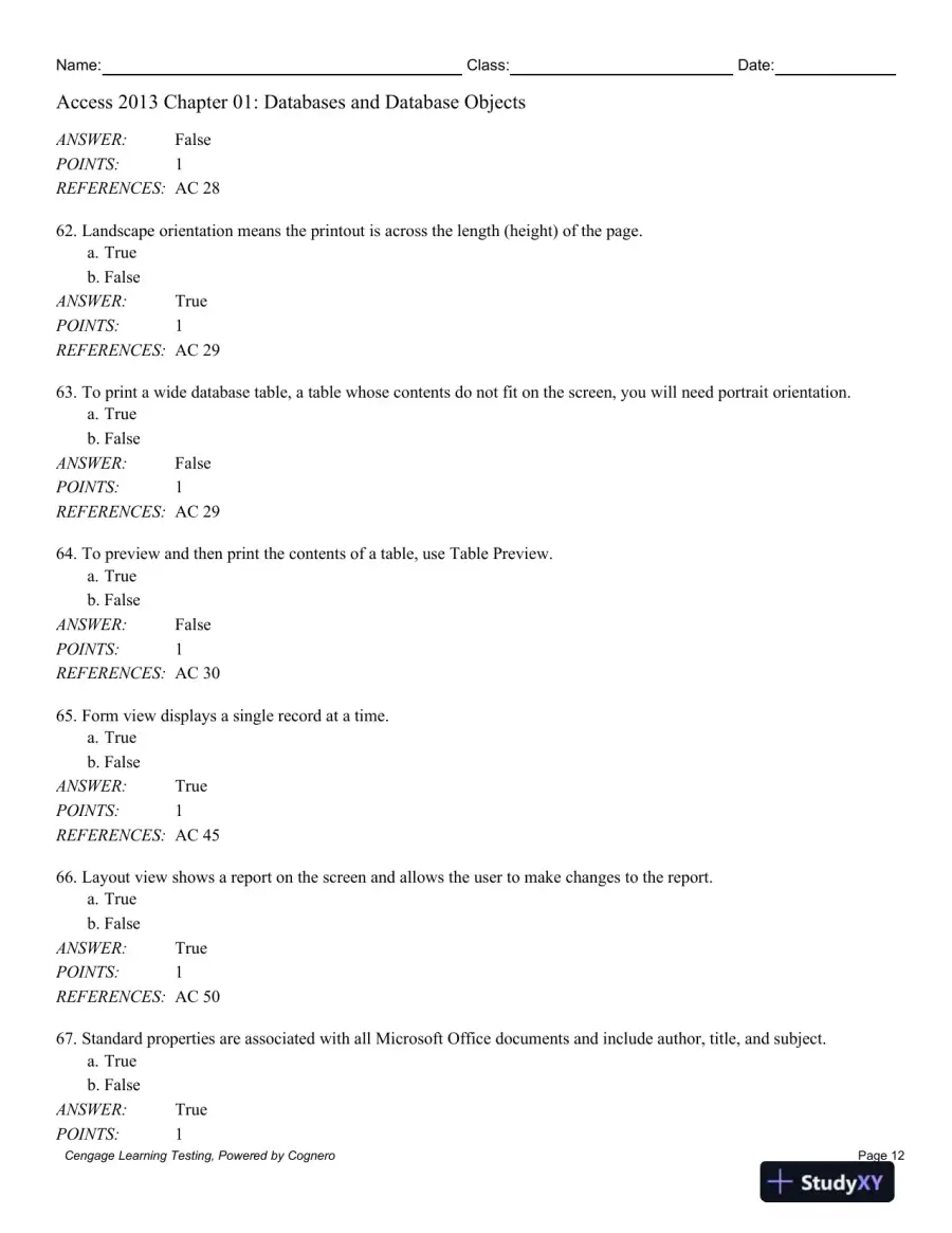 Enhanced Microsoft Access 2013: Comprehensive 1st Edition Test Bank, page 13