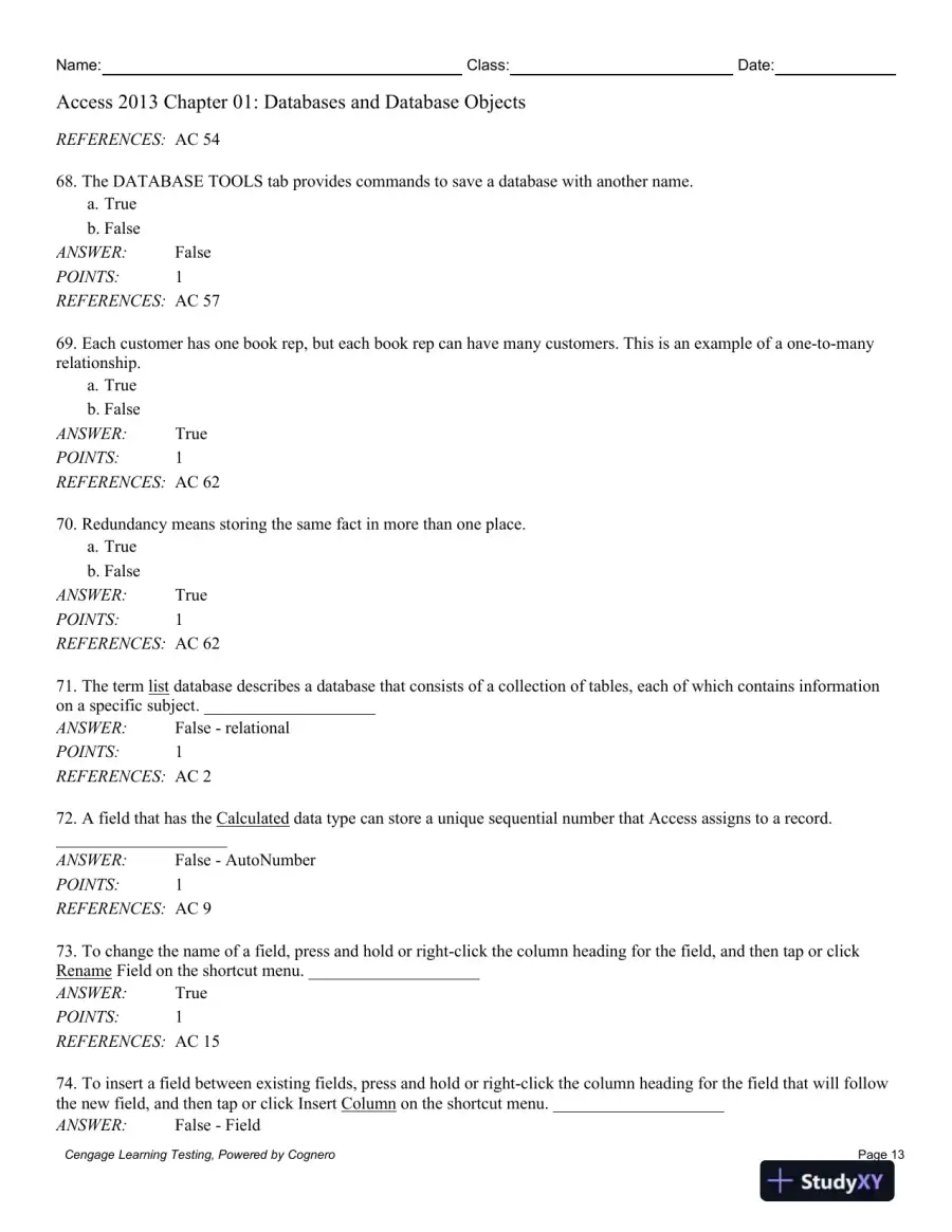 Enhanced Microsoft Access 2013: Comprehensive 1st Edition Test Bank, page 14