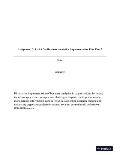 Assignment 2: LASA 2�Business Analytics Implementation Plan Part 2 - Page 1 preview image