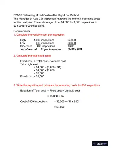 E21-30 Determing Mixed Costs�The High-Low Method - Page 1 preview image