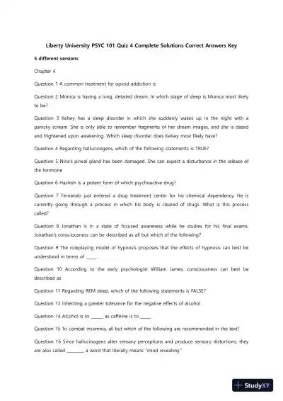 Liberty University PSYC 101 Quiz 4 Complete Solutions Correct Answers Key - Page 1 preview image