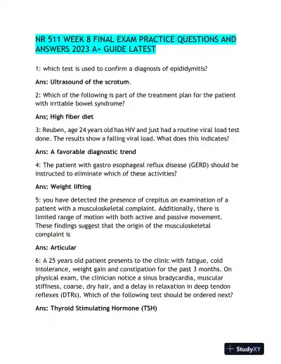 2023 NR511 Clinical Analysis Final Exam Week 8 With Answers (103 Solved Questions) - Page 1 preview image
