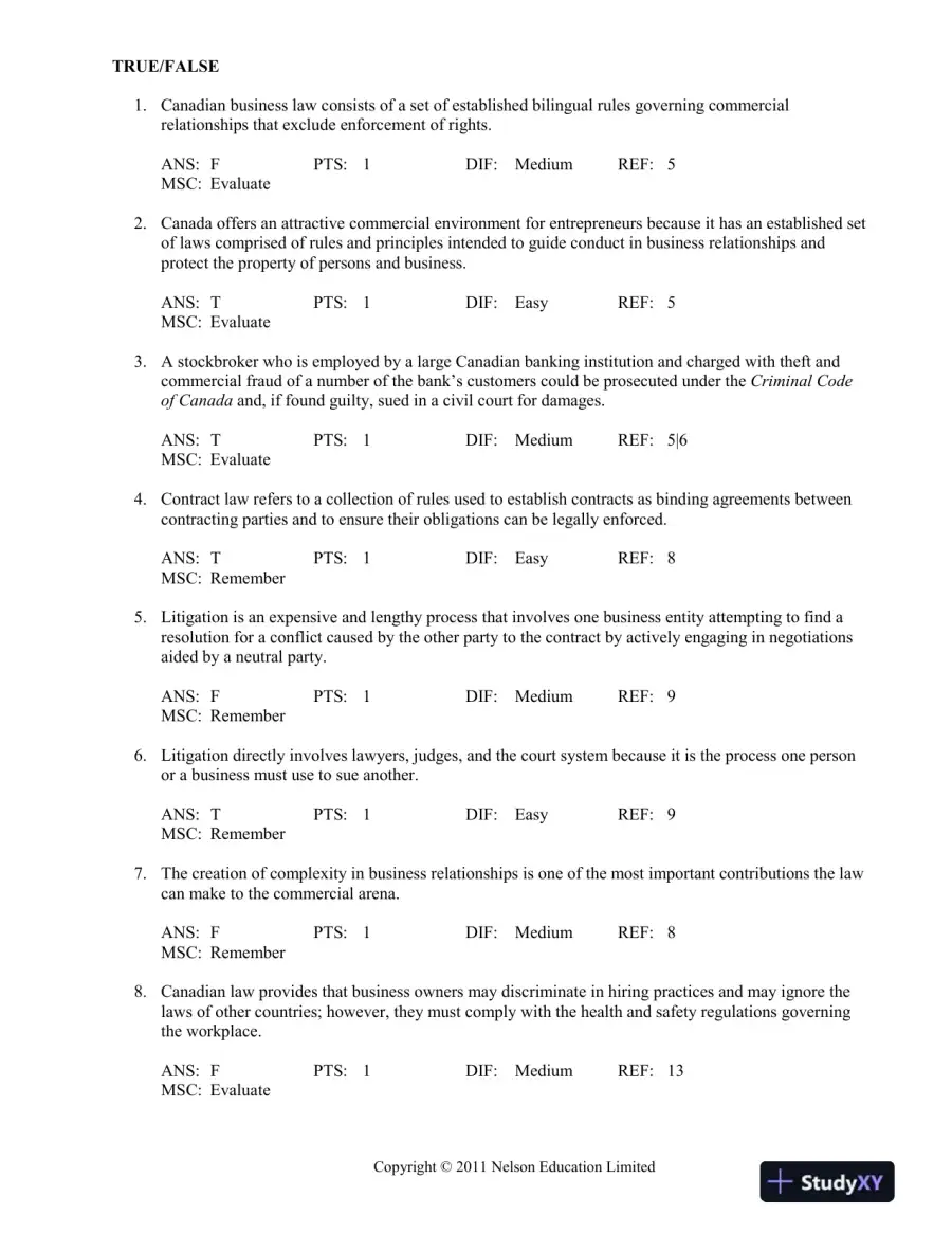 Canadian Business And The Law, 4th Edition Test Bank, page 9