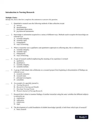 Reading, Understanding, and Applying Nursing Research, Revised Reprint 4th Edition Test Bank - Page 1 preview image