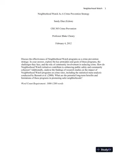 CRJ 305 Neighborhood Watch As A Crime Prevention Strategy - Page 1 preview image