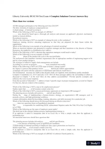 Liberty University BUSI 310 Test Exam 4 Complete Solutions Correct Answers Key - Page 1 preview image