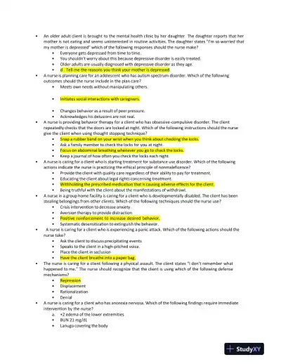 2019 ATI Mental Health Proctored Exam with Answers (139 Solved Questions) - Page 3 preview image