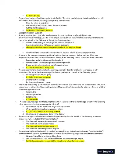 2019 ATI Mental Health Proctored Exam with Answers (139 Solved Questions) - Page 4 preview image