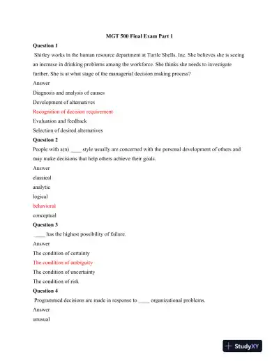 MGT 500 Final Exam Part 1 - Page 1 preview image