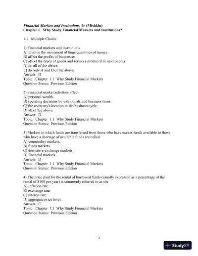 Test Bank for Financial Markets and Institutions, 9th Edition - Page 1 preview image