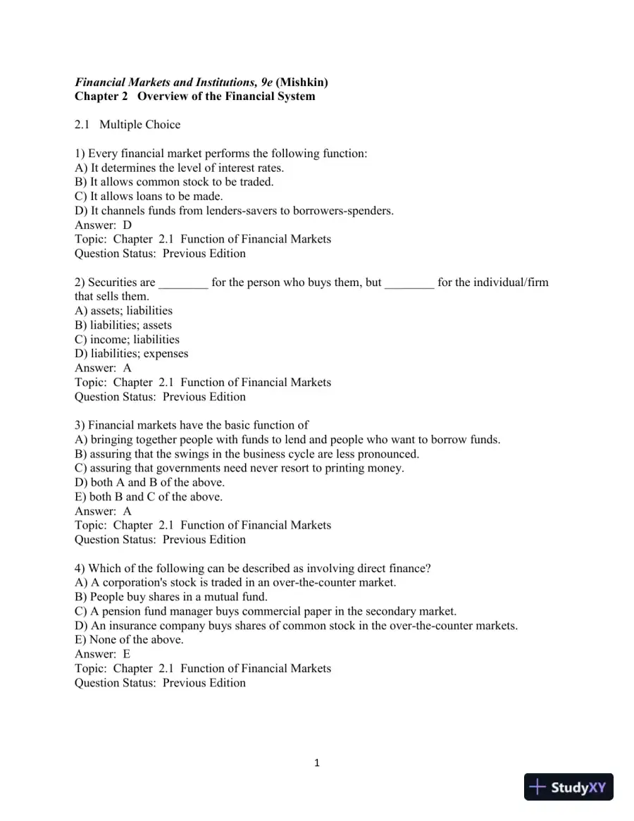 Test Bank for Financial Markets and Institutions, 9th Edition, page 16