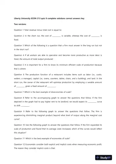Liberty University ECON 213 Quiz 8 Complete Solutions Correct Answers Key - Page 1 preview image
