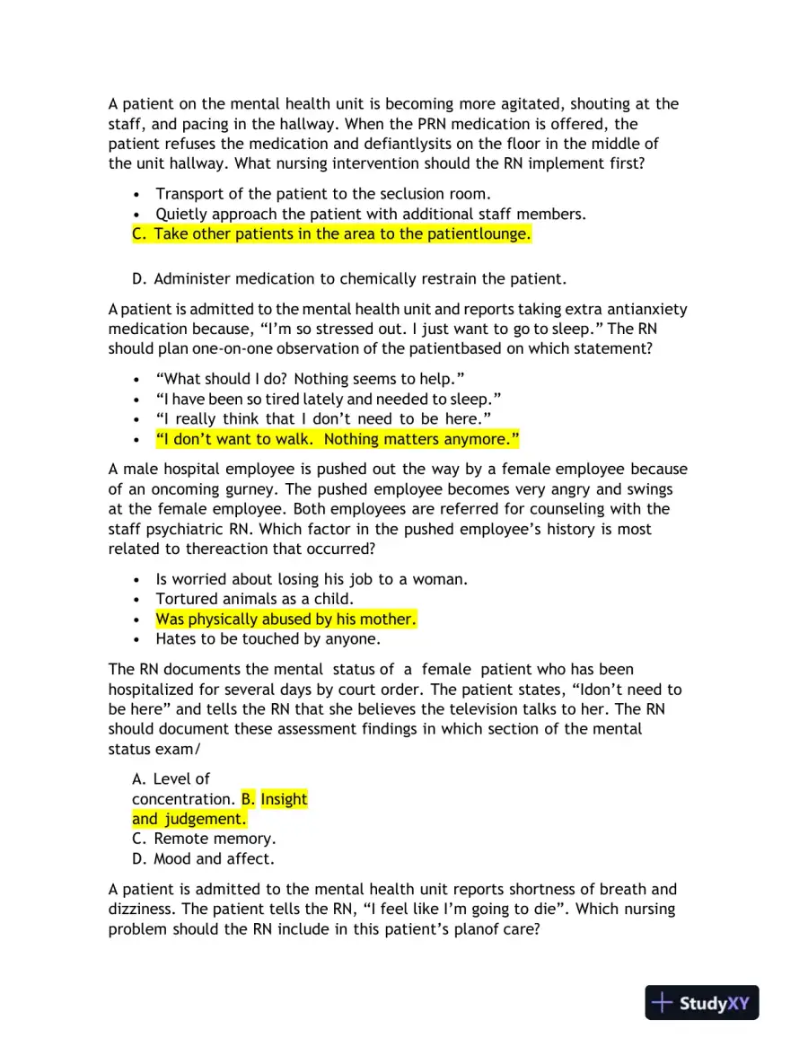 2023 HESI RN Mental Health Test Bank Version 1 With Answers (143 Solved Questions), page 5