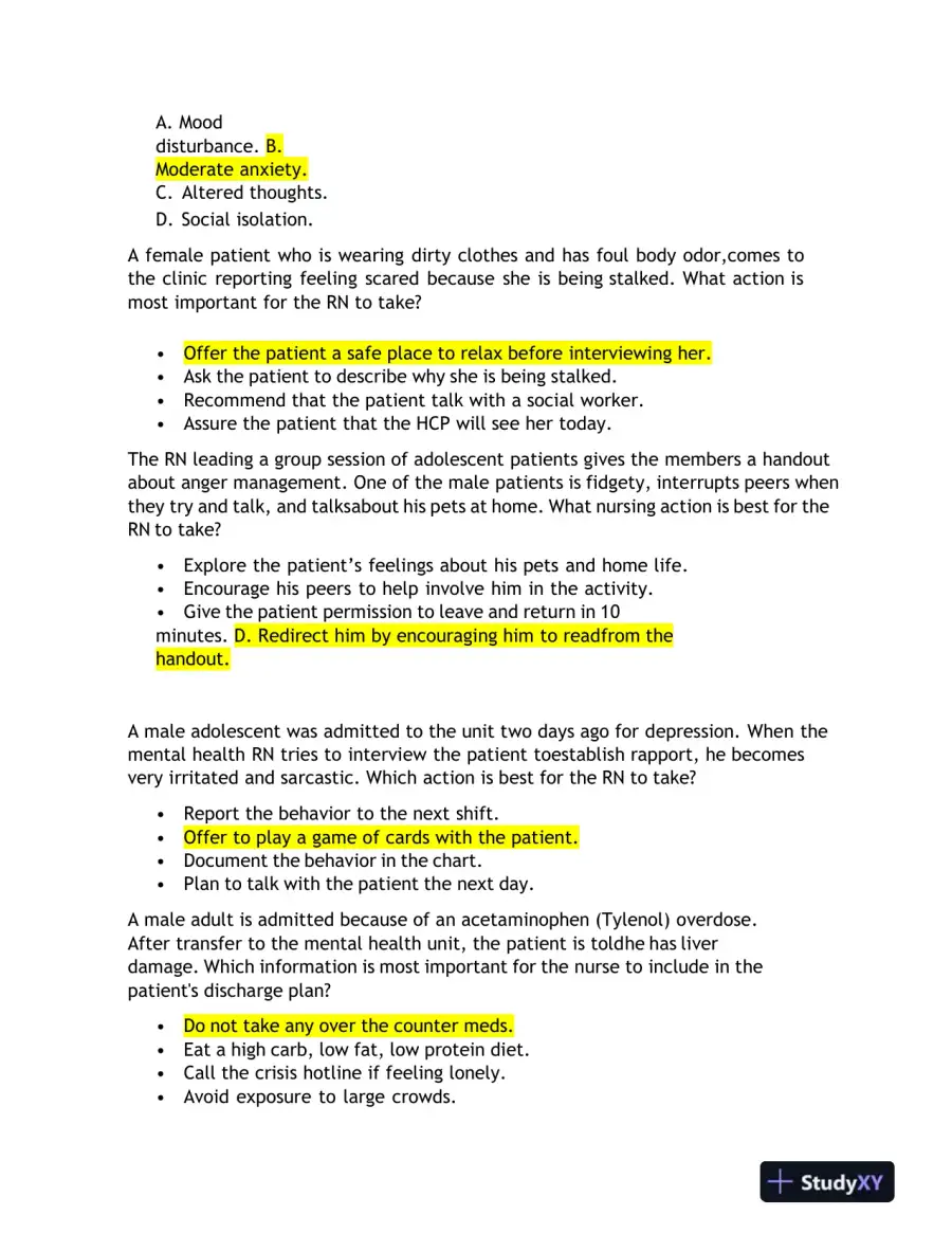 2023 HESI RN Mental Health Test Bank Version 1 With Answers (143 Solved Questions), page 6