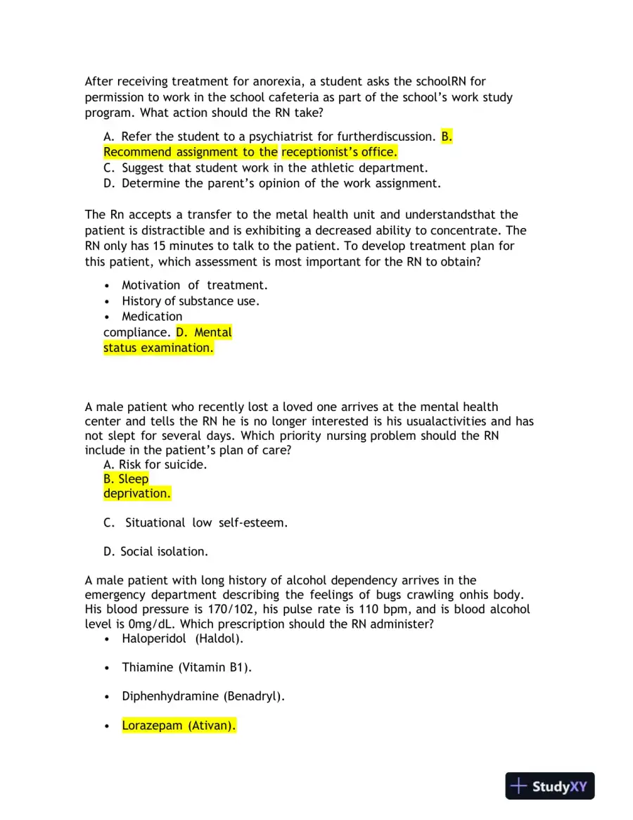 2023 HESI RN Mental Health Test Bank Version 1 With Answers (143 Solved Questions), page 7