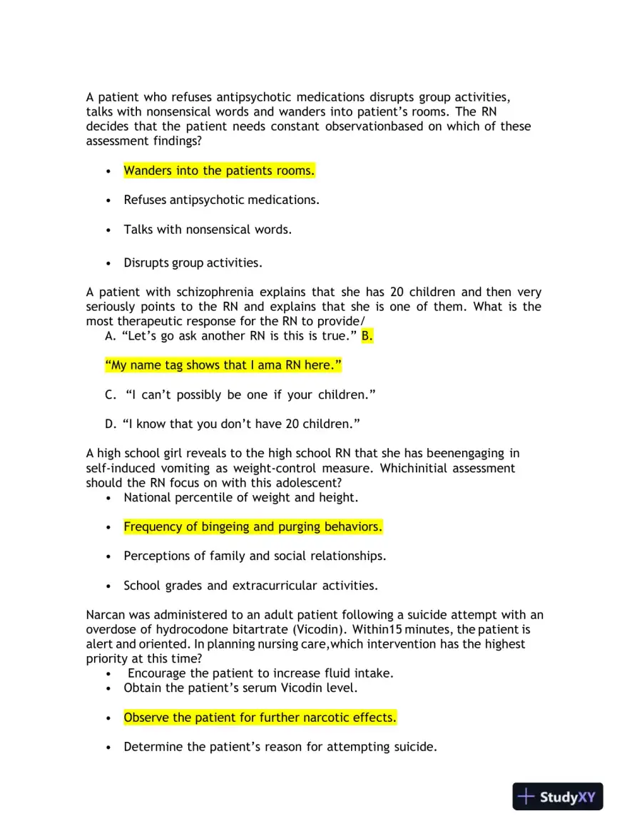 2023 HESI RN Mental Health Test Bank Version 1 With Answers (143 Solved Questions), page 8