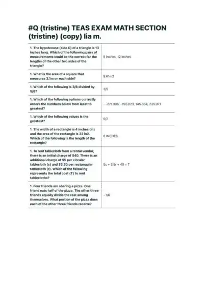 Q tristine TEAS Exam Math Section - Page 1 preview image