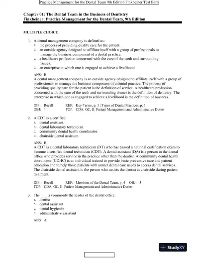 Test Bank For Practice Management for the Dental Team, 9th Edition - Page 1 preview image
