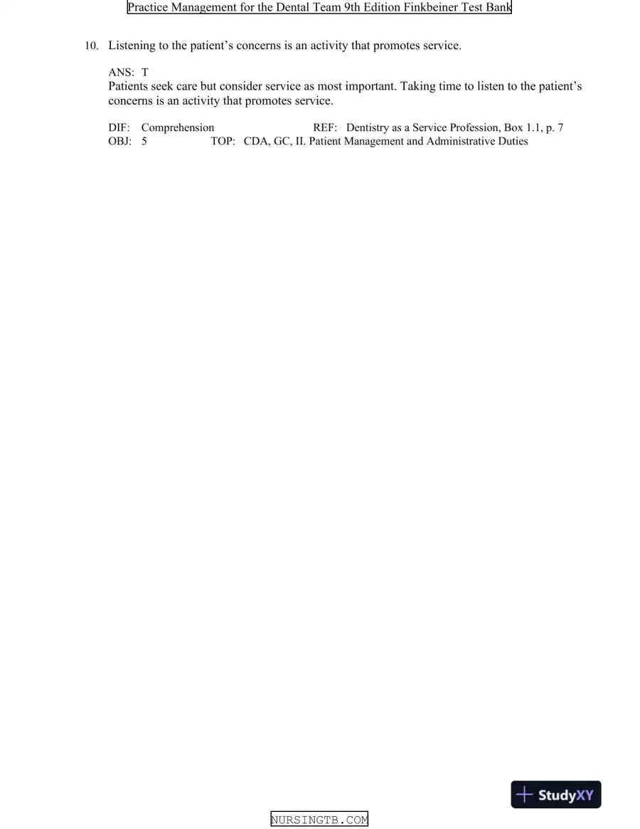 Test Bank For Practice Management for the Dental Team, 9th Edition, page 10