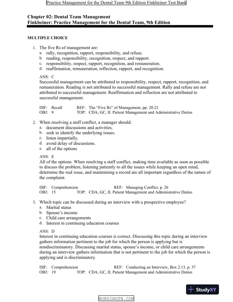 Test Bank For Practice Management for the Dental Team, 9th Edition, page 11