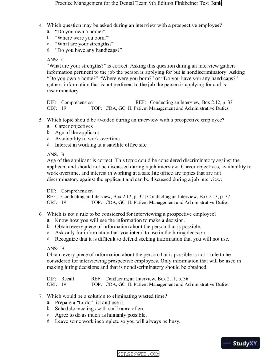 Test Bank For Practice Management for the Dental Team, 9th Edition, page 12