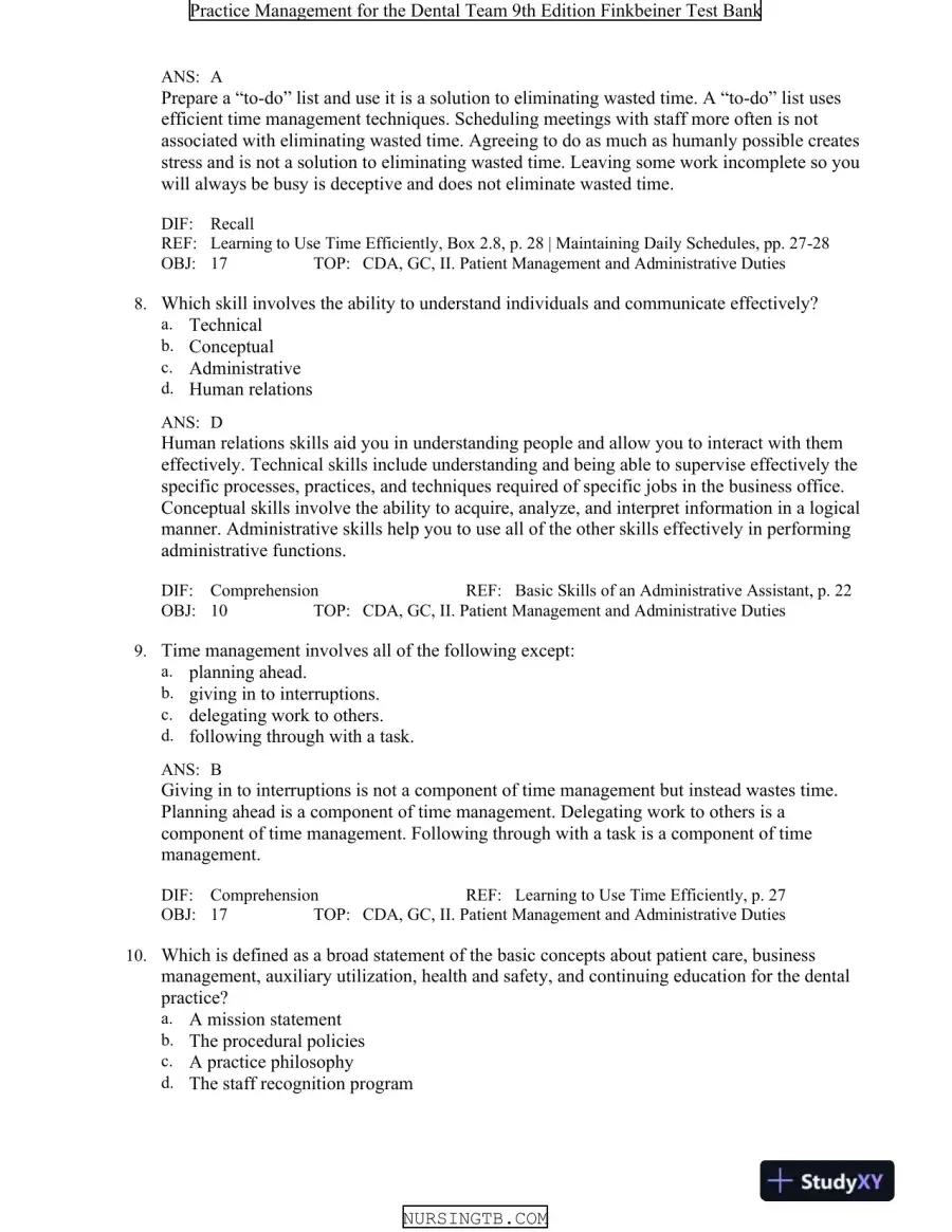 Test Bank For Practice Management for the Dental Team, 9th Edition, page 13