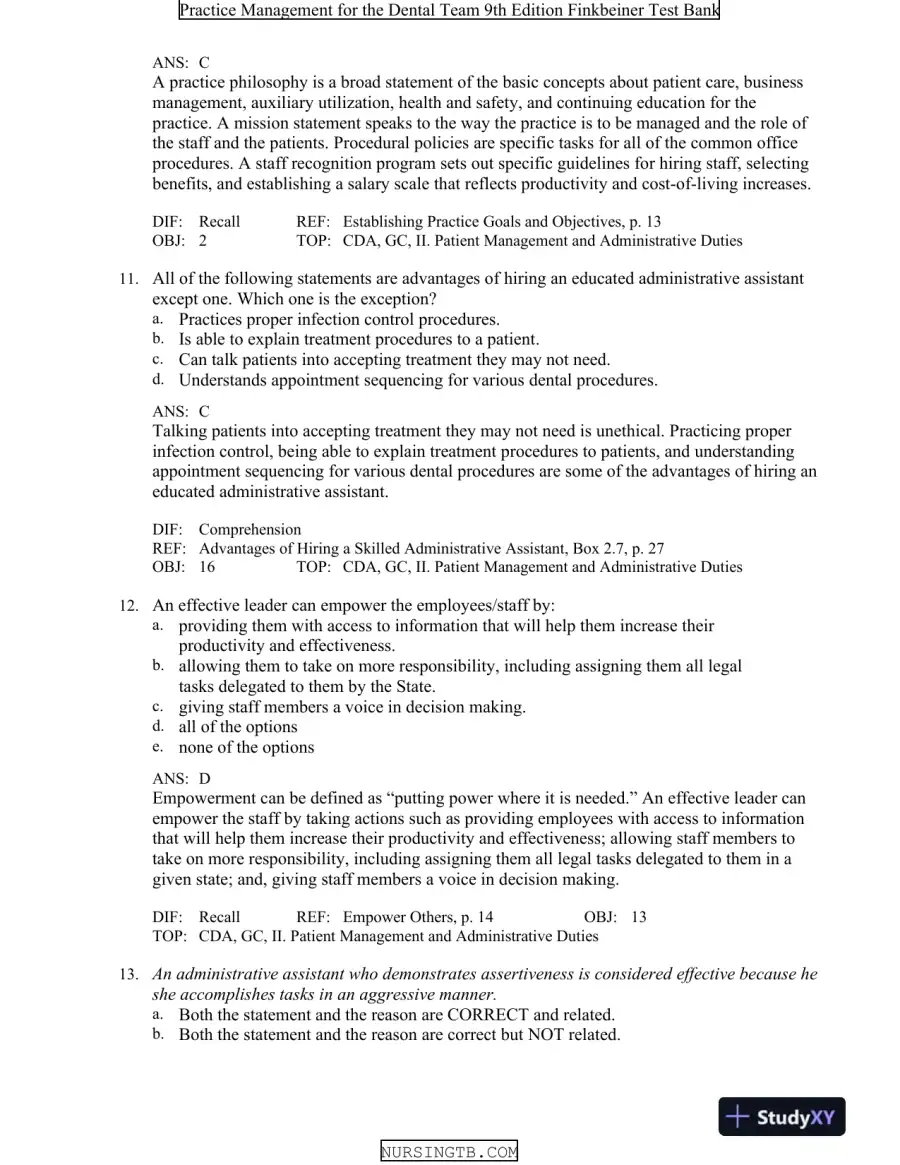 Test Bank For Practice Management for the Dental Team, 9th Edition, page 14