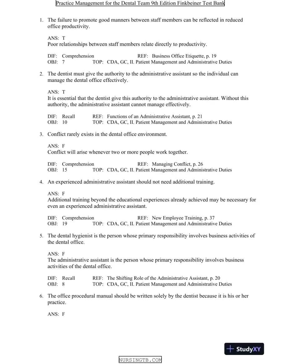 Test Bank For Practice Management for the Dental Team, 9th Edition, page 16