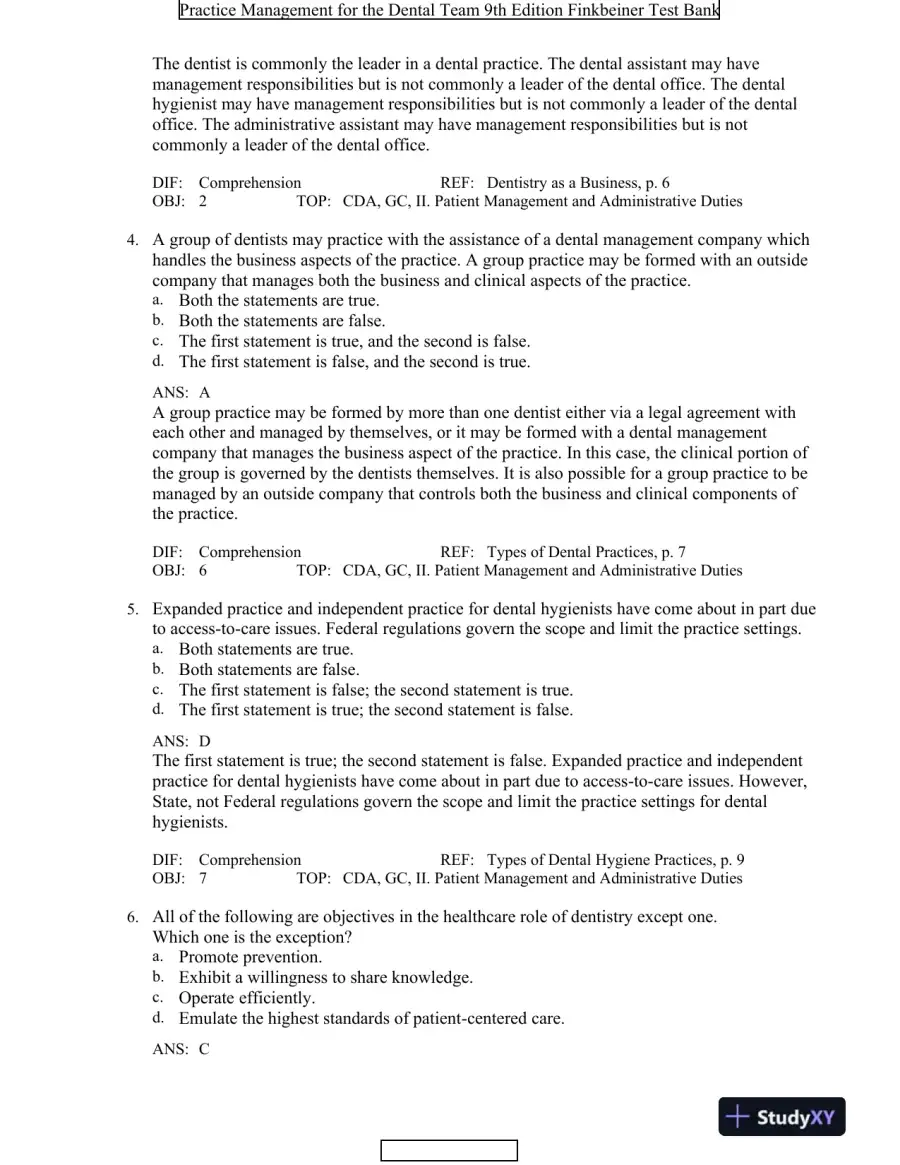 Test Bank For Practice Management for the Dental Team, 9th Edition, page 3