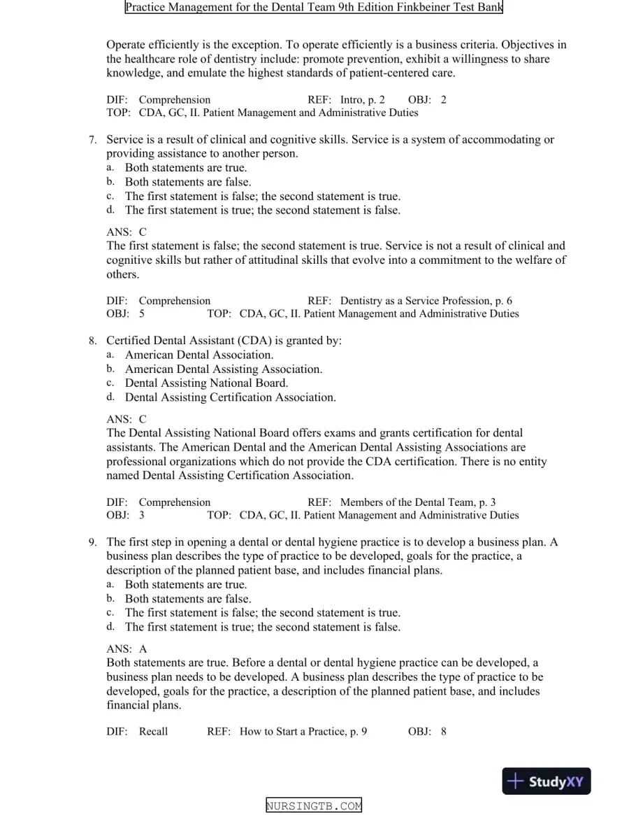 Test Bank For Practice Management for the Dental Team, 9th Edition, page 4