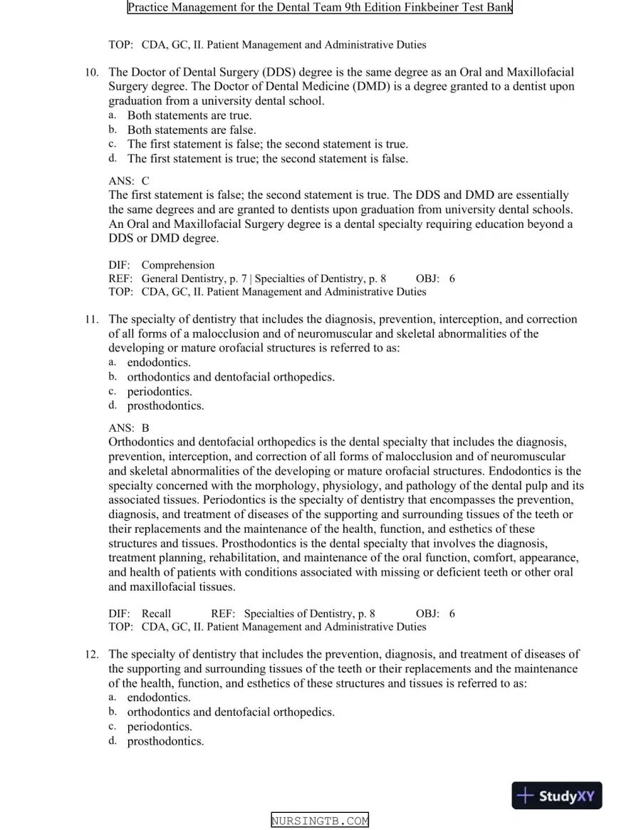 Test Bank For Practice Management for the Dental Team, 9th Edition, page 5