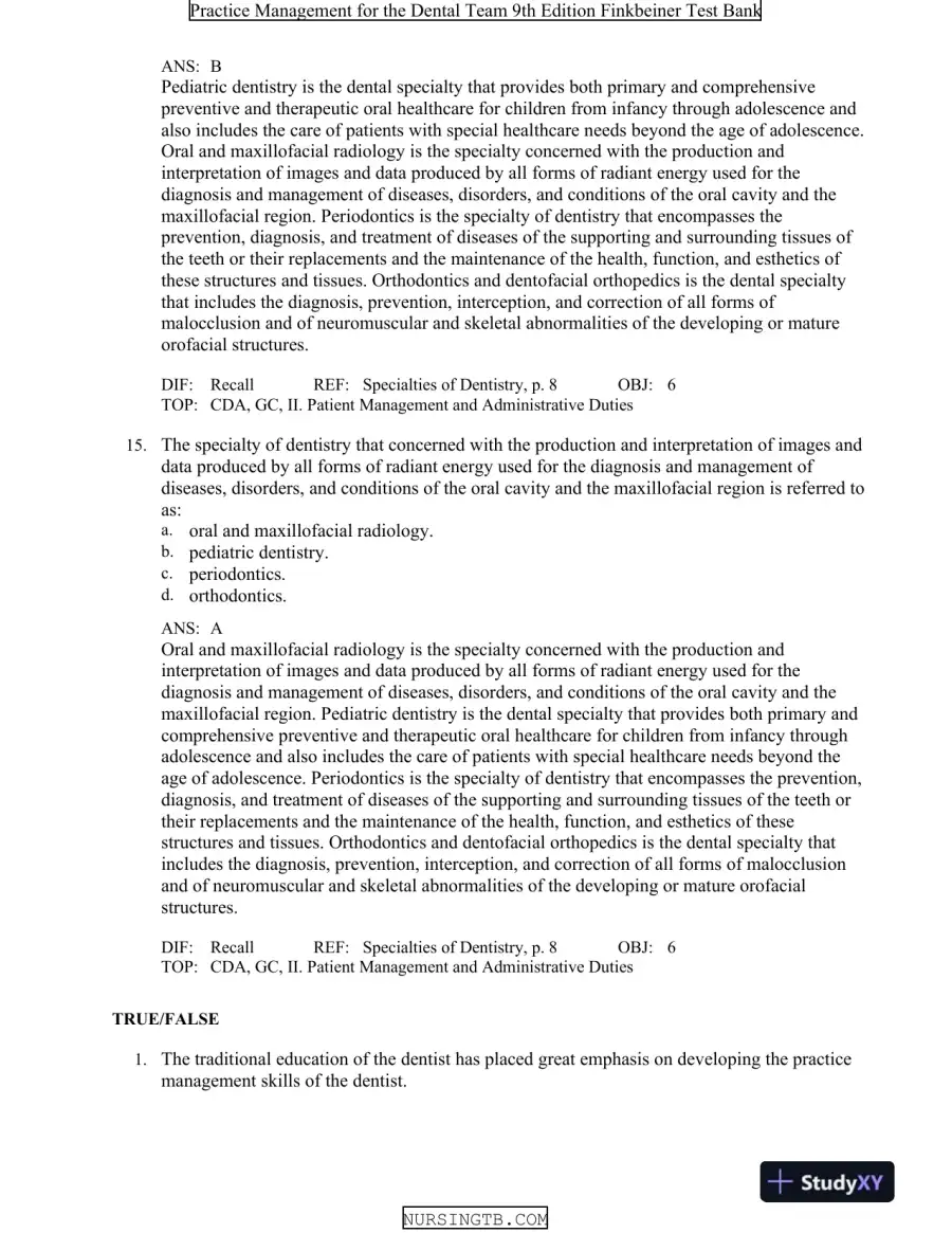 Test Bank For Practice Management for the Dental Team, 9th Edition, page 7