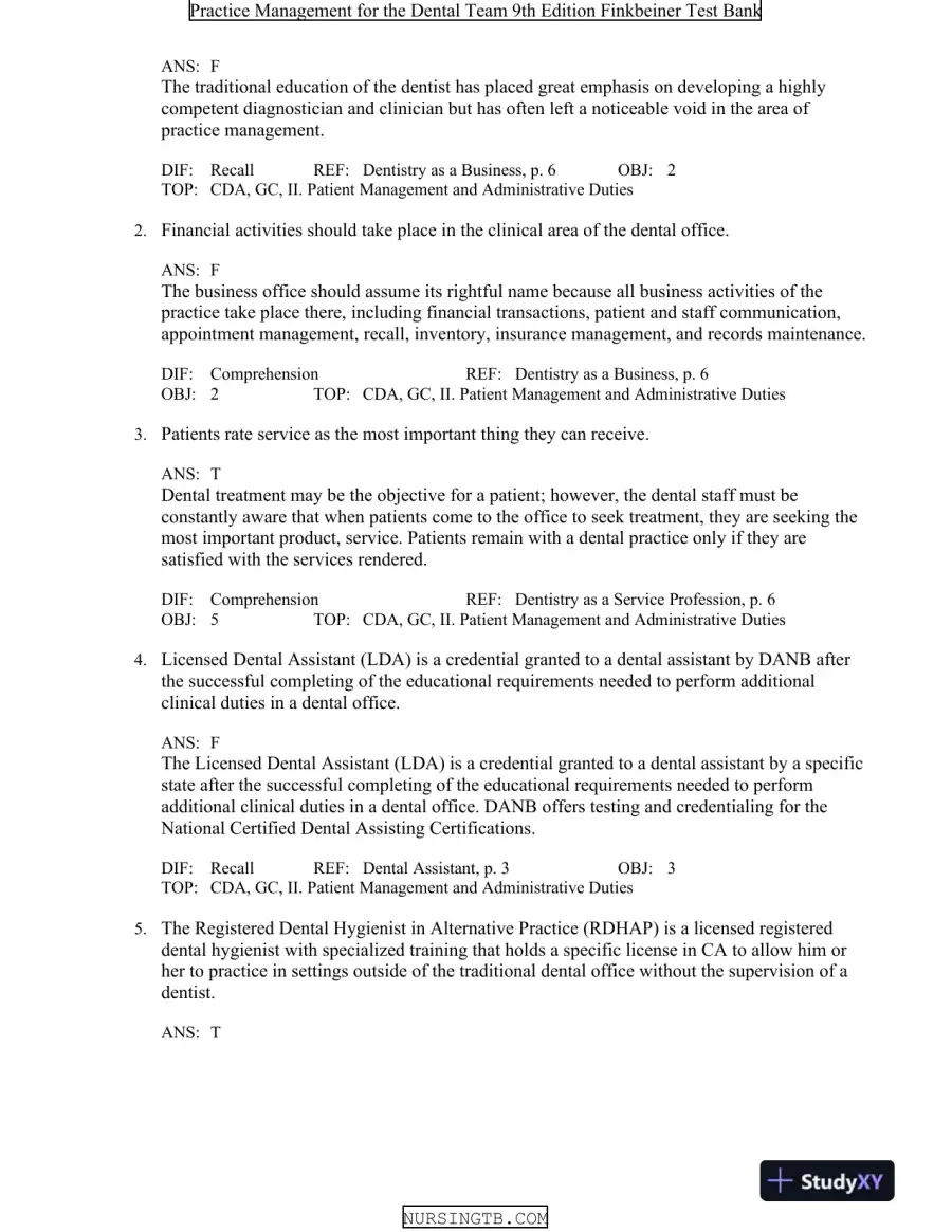 Test Bank For Practice Management for the Dental Team, 9th Edition, page 8