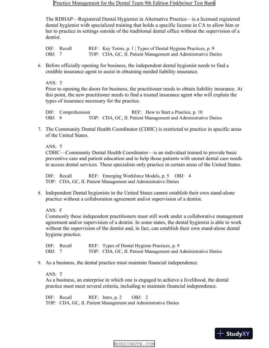 Test Bank For Practice Management for the Dental Team, 9th Edition, page 9