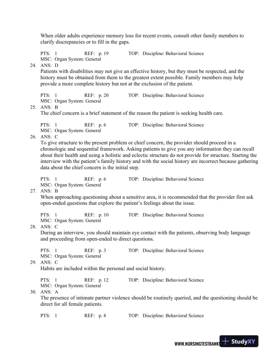 Test Bank For Seidel's Guide to Physical Examination: An Interprofessional Approach, 9th Edition, page 12