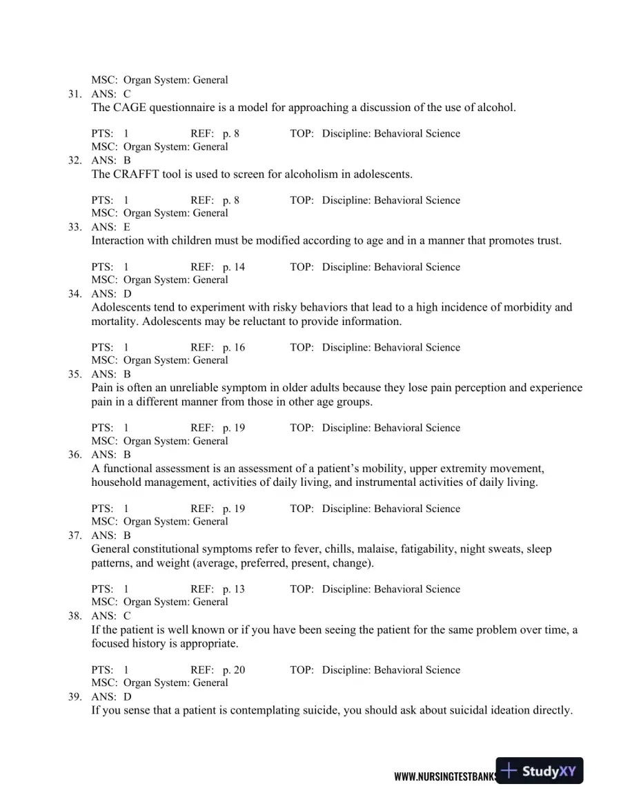 Test Bank For Seidel's Guide to Physical Examination: An Interprofessional Approach, 9th Edition, page 13