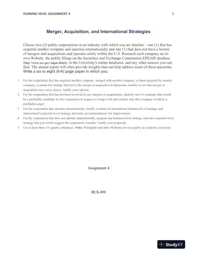 BUS 499: Assignment 4 - Merger, Acquisition, and International Strategies - Page 1 preview image