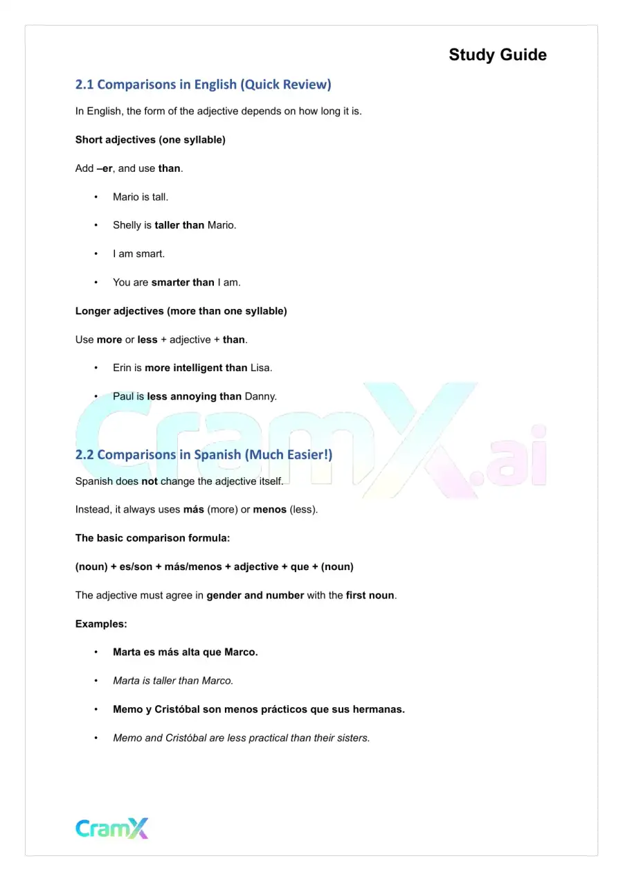 Spanish II - Adjectives and Comparisons, page 6