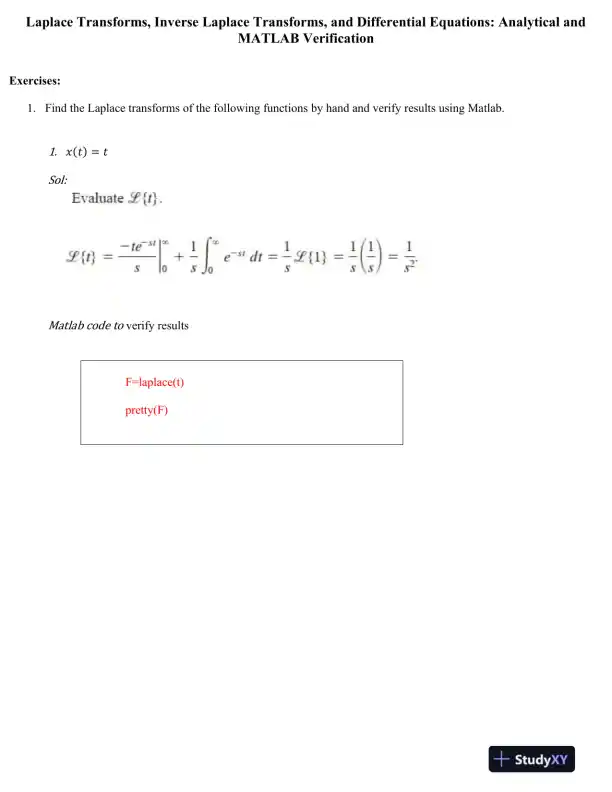 Laplace Transforms, Inverse Laplace Transforms, and Differential Equations: Analytical and MATLAB Verification - Page 1 preview image