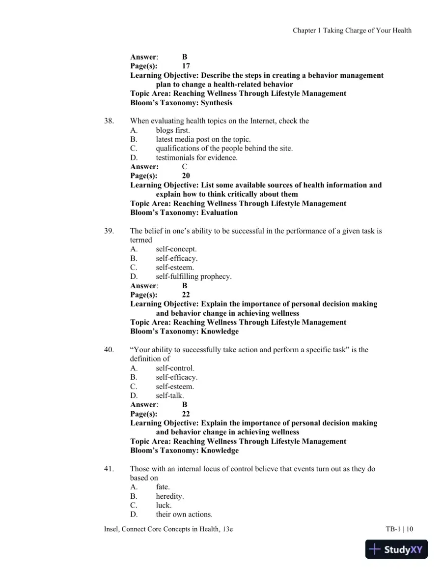 Connect Core Concepts in Health, Brief, 13th Edition Test Bank, page 11
