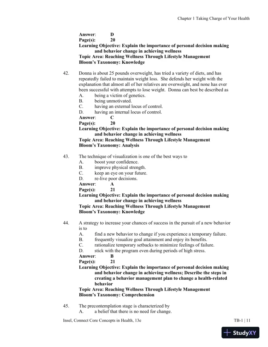 Connect Core Concepts in Health, Brief, 13th Edition Test Bank, page 12