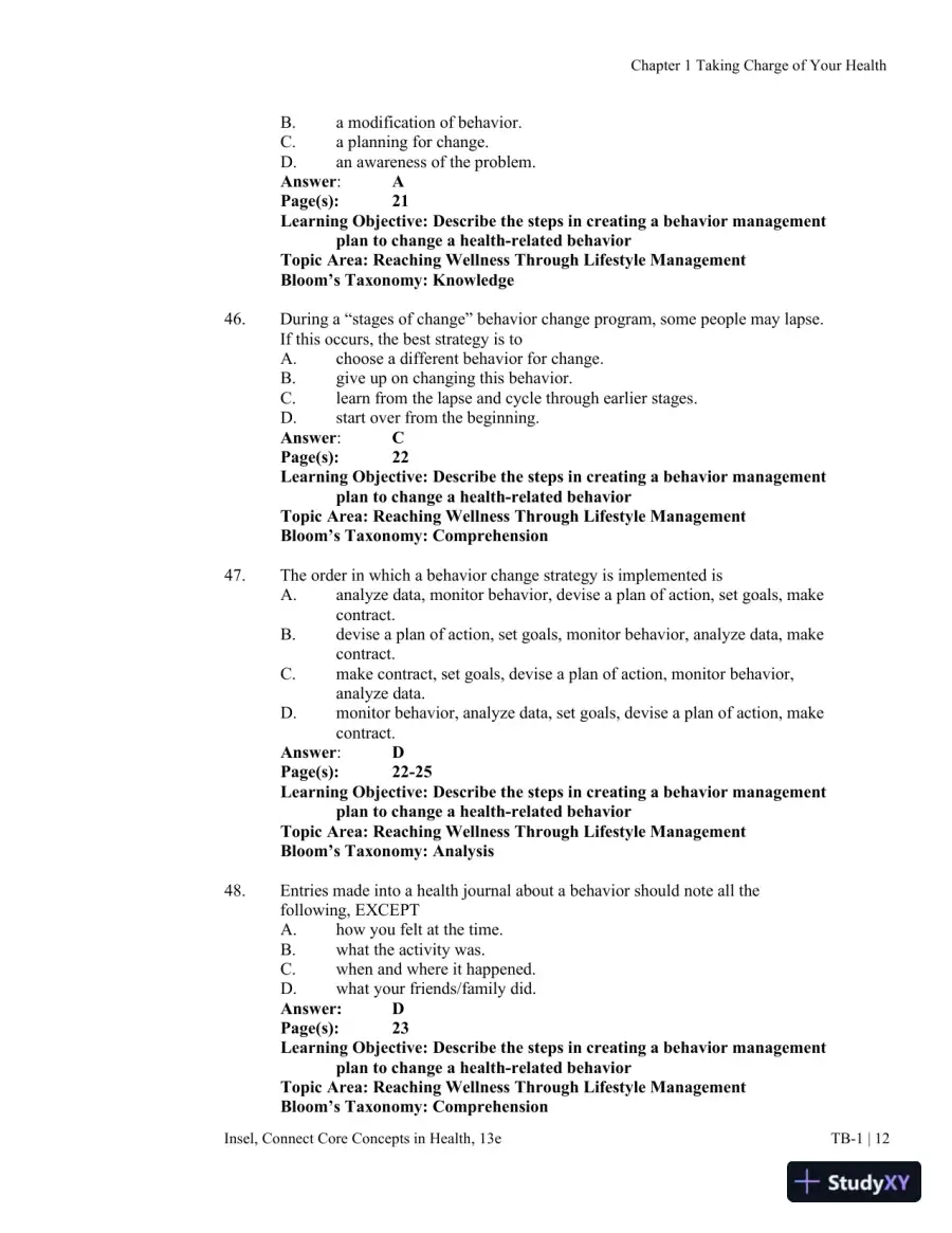 Connect Core Concepts in Health, Brief, 13th Edition Test Bank, page 13