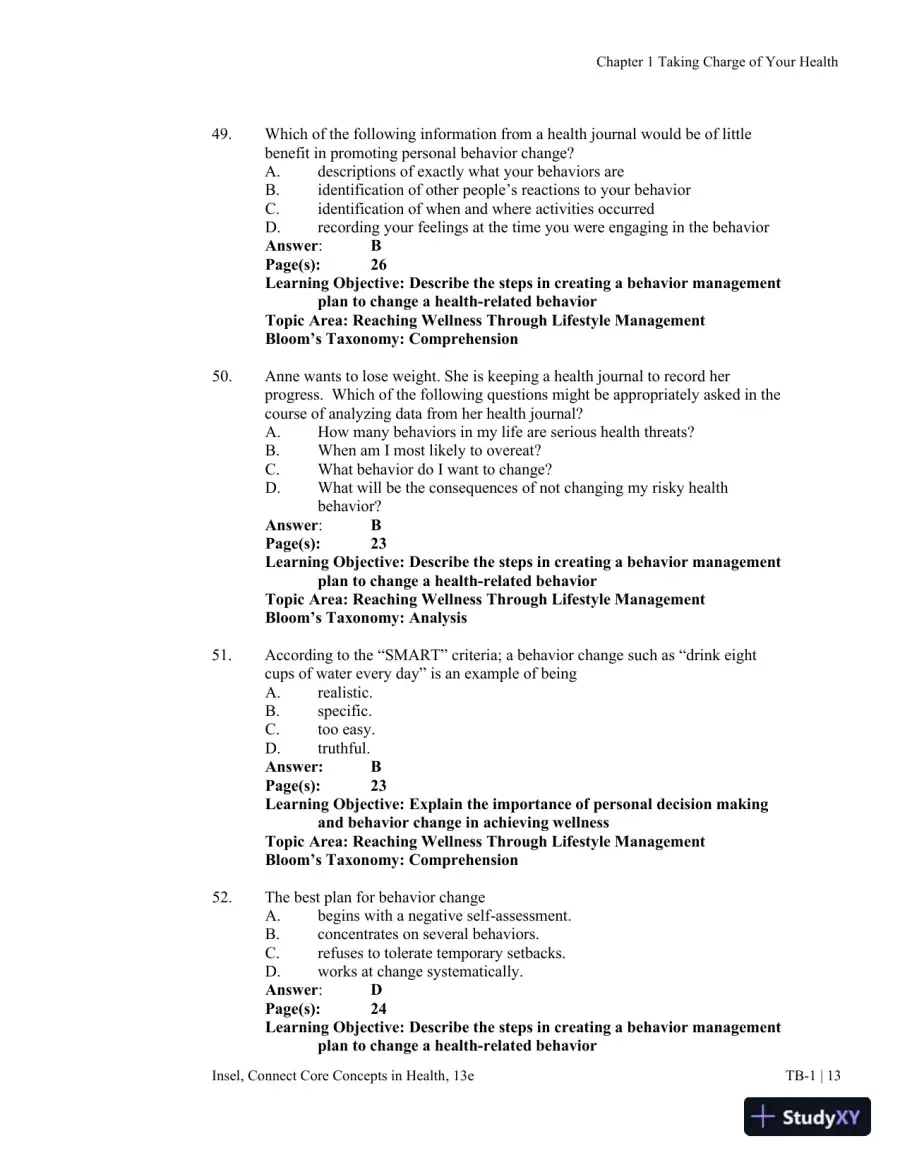 Connect Core Concepts in Health, Brief, 13th Edition Test Bank, page 14