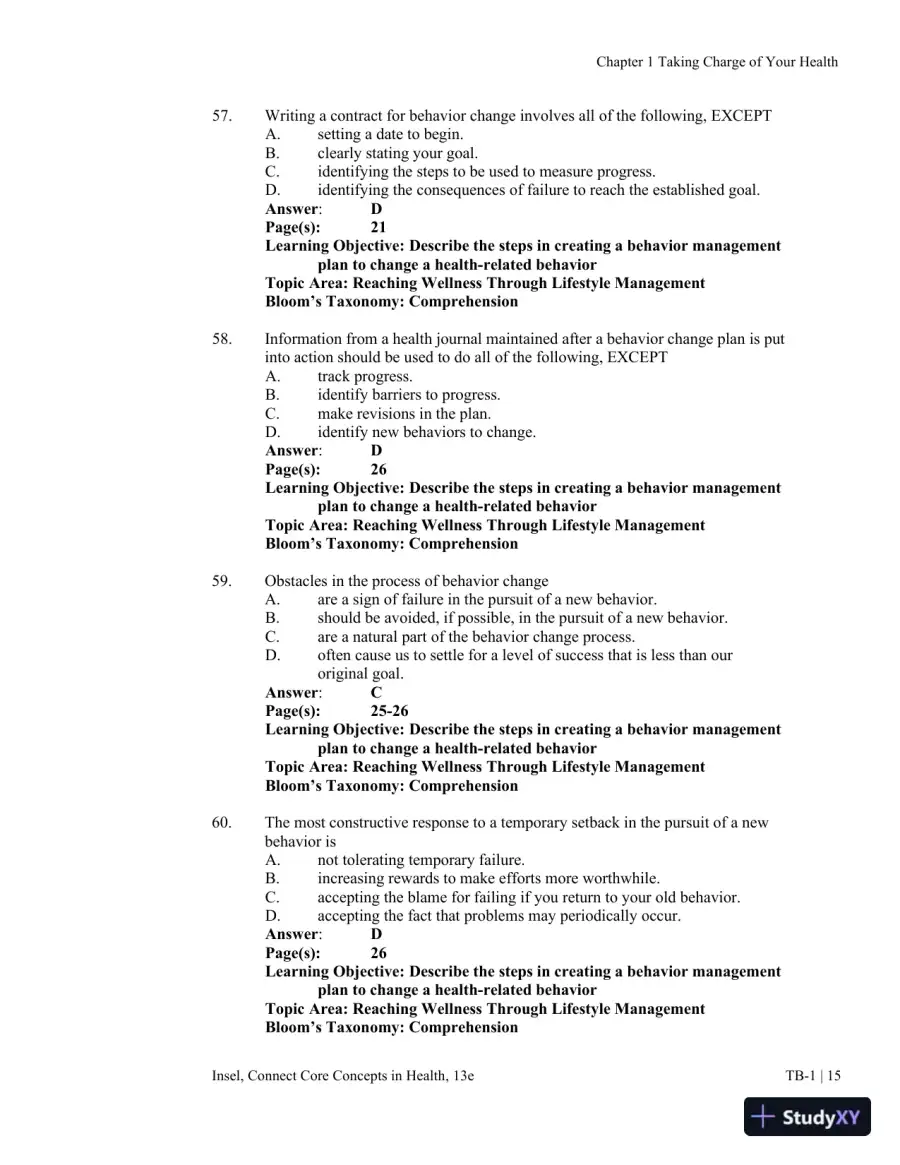 Connect Core Concepts in Health, Brief, 13th Edition Test Bank, page 16