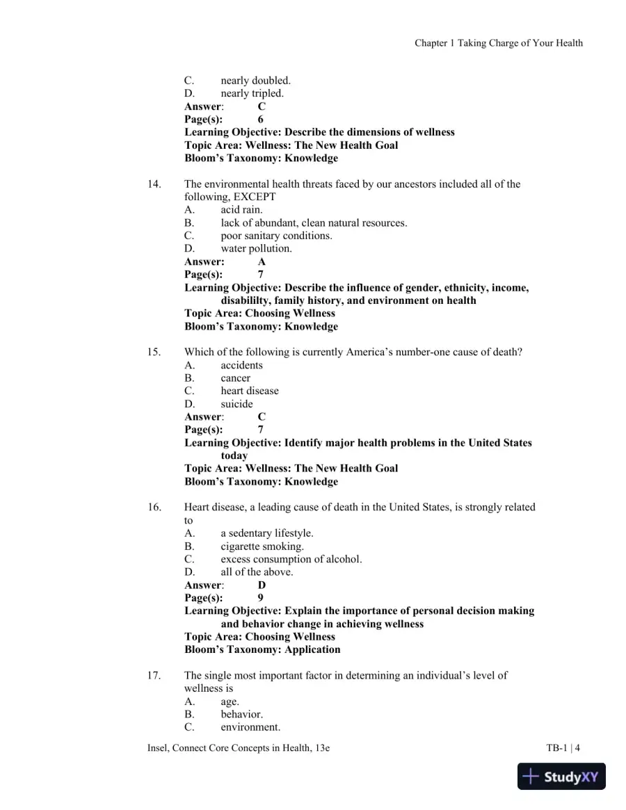 Connect Core Concepts in Health, Brief, 13th Edition Test Bank, page 5